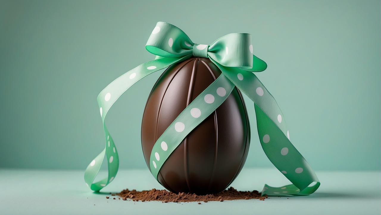 Uovo di cioccolato con fiocco verde a pois su sfondo verde menta