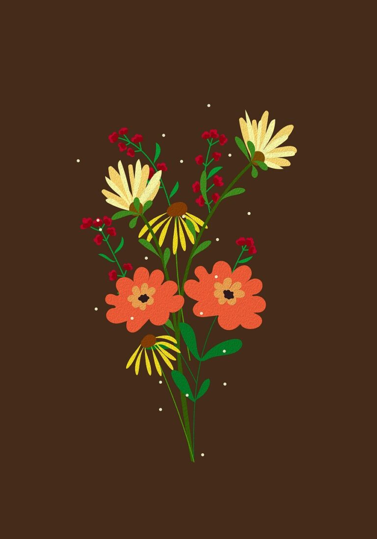 Fiori gialli, arancioni e rossi su sfondo marrone, in stile grafico vivace